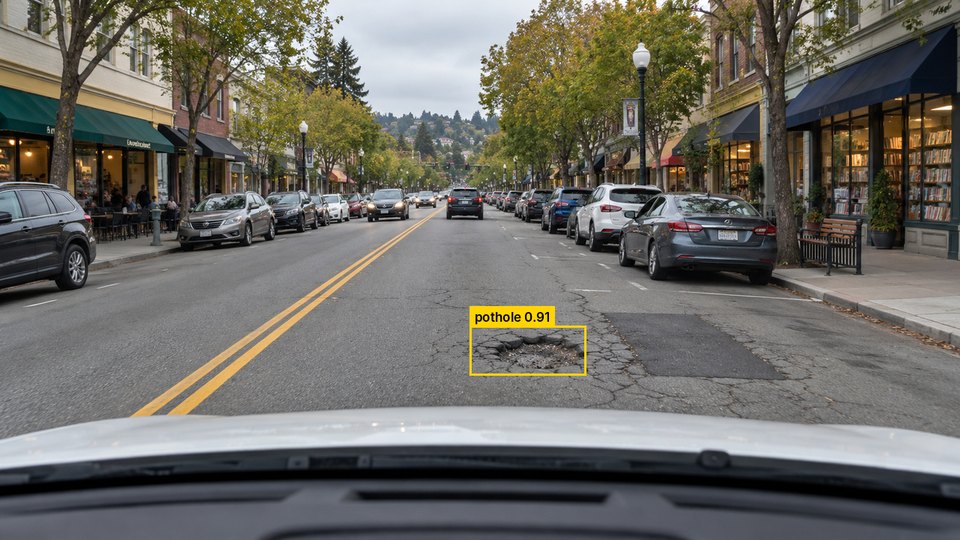 Concept image: a small pothole on College Avenue outlined by a yellow detection box, caught while it is still a quick patch